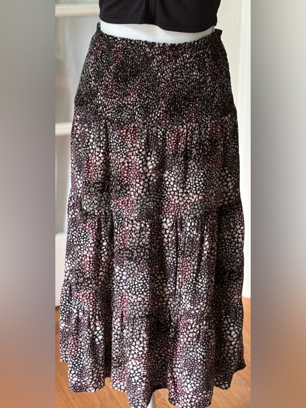 Boho Floral Tiered Midi Skirt Smocked Waist Cottagecore Flowy S